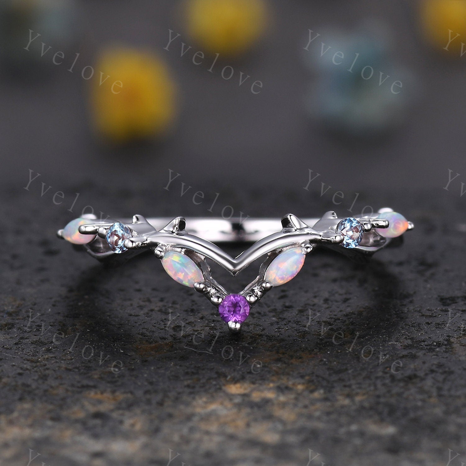 Opal and clearance amethyst wedding band