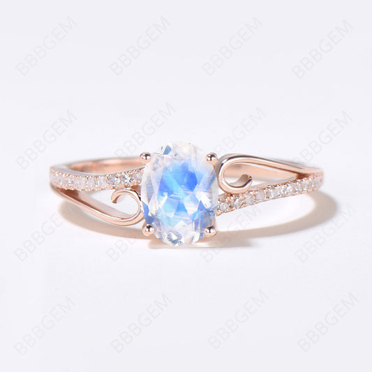 Art Deco Moonstone Engagement Ring Curved Wedding Ring Rose Gold Split Shank Band