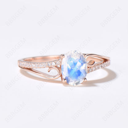 Art Deco Moonstone Engagement Ring Curved Wedding Ring Rose Gold Split Shank Band