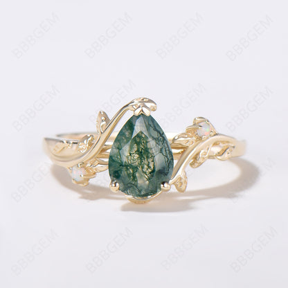 Nature Inspired Twig Leaf Pear Moss Agate Engagement Ring Set