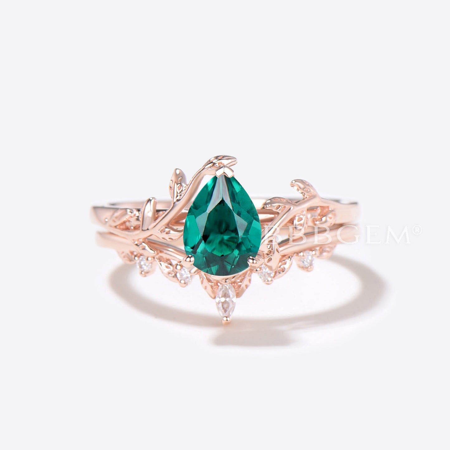 Twig Teardrop Emerald Engagement Ring Set Branch Leaf Ring