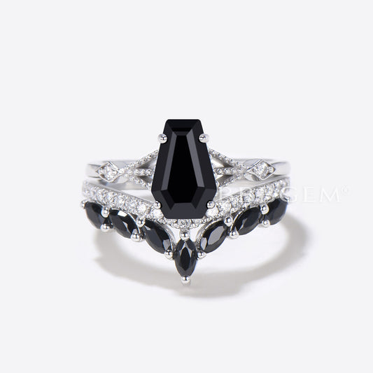 Coffin Shaped Black Onyx Engagement Ring Set Diamond Spinel Ring