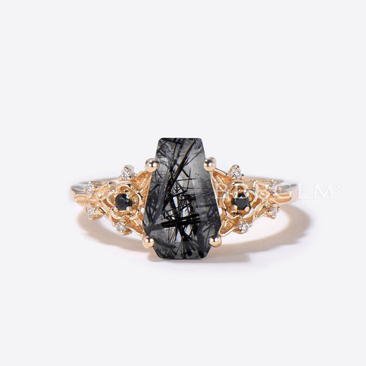 Coffin Shaped Black Rutilated Quartz Engagement Ring Floral Ring