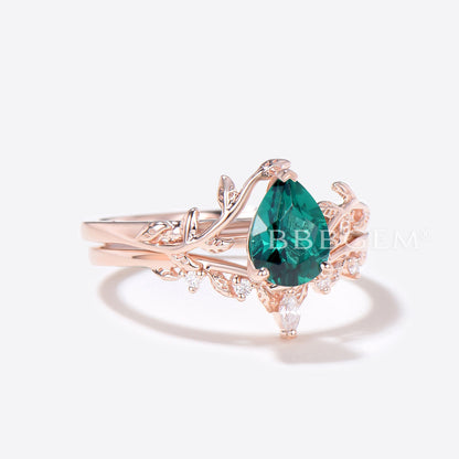 Twig Teardrop Emerald Engagement Ring Set Branch Leaf Ring