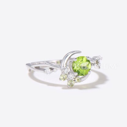 Moon Star Design Round Cut Peridot Ring Cluster Diamond Ring