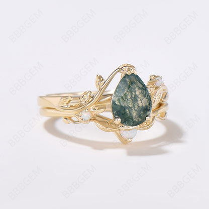 Nature Inspired Twig Leaf Pear Moss Agate Engagement Ring Set