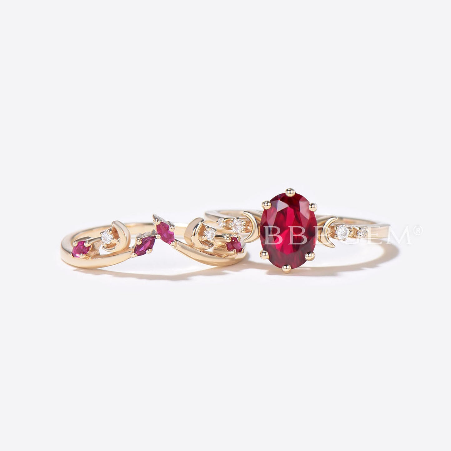 Crescent Moon Ruby Ring Oval Cut Red Ruby Engagement Ring Set