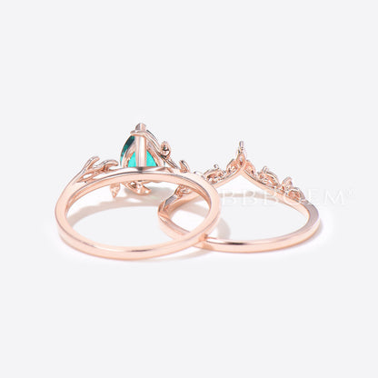 Twig Teardrop Emerald Engagement Ring Set Branch Leaf Ring