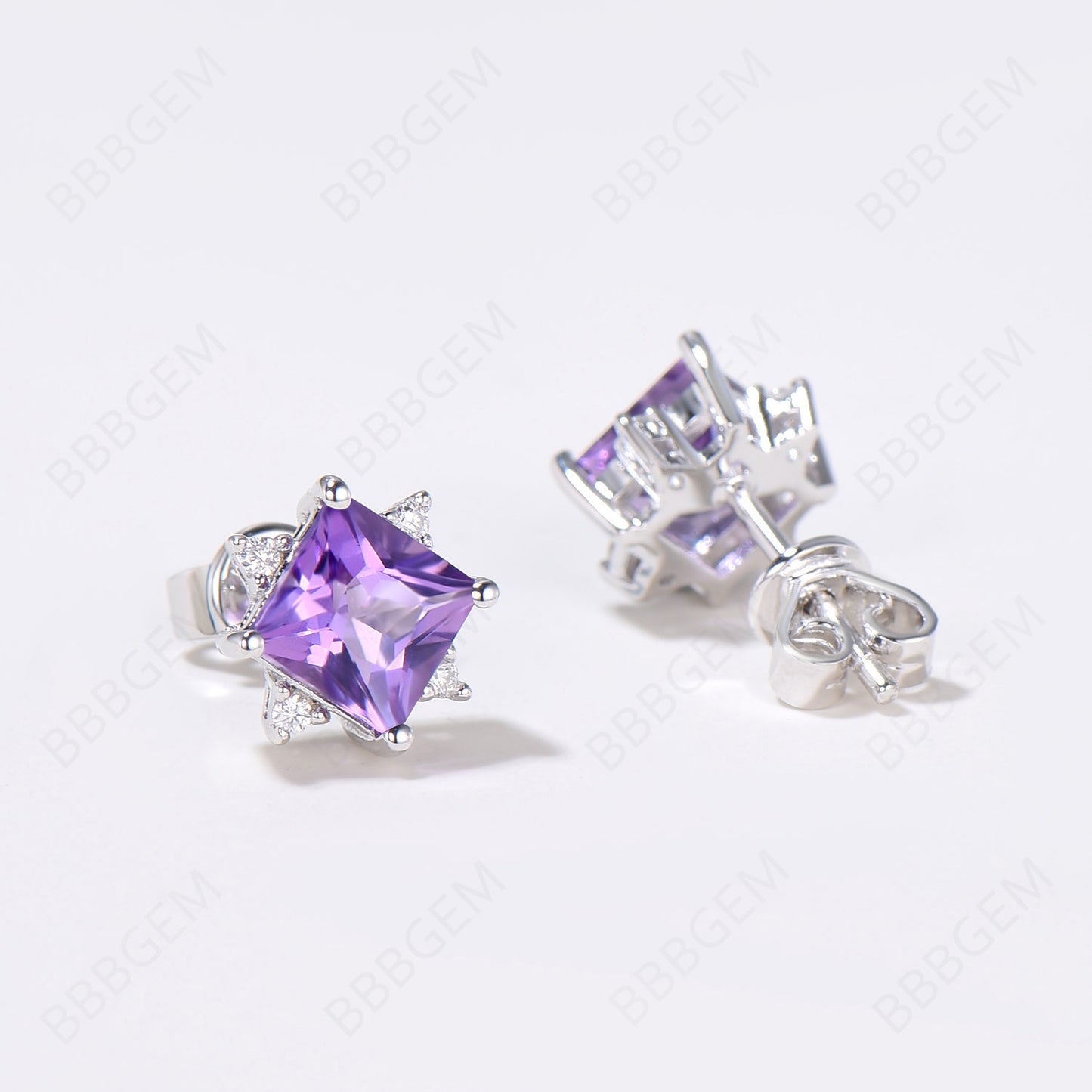 Princess Cut Natural Amethyst Stud Earrings 5 Stone Earrings