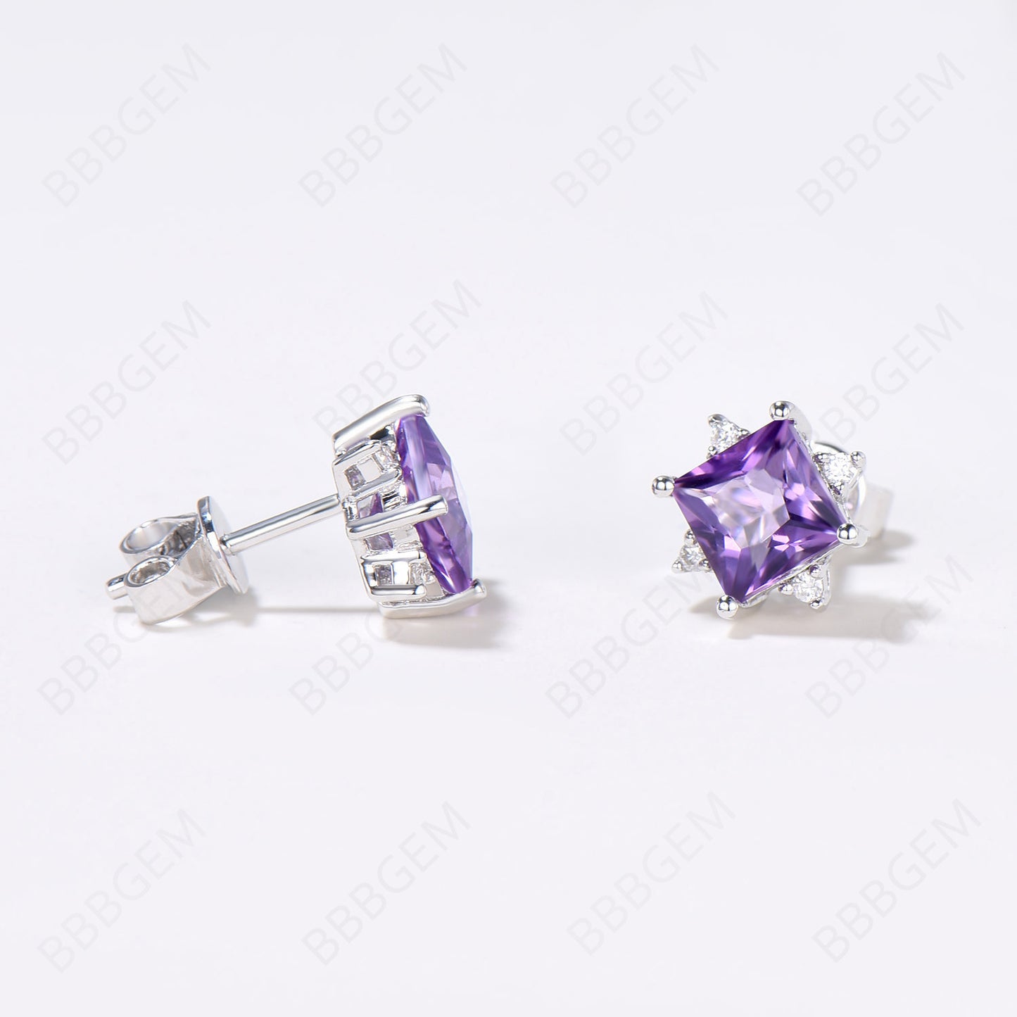 Princess Cut Natural Amethyst Stud Earrings 5 Stone Earrings