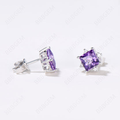 Princess Cut Natural Amethyst Stud Earrings 5 Stone Earrings