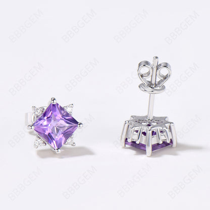 Princess Cut Natural Amethyst Stud Earrings 5 Stone Earrings