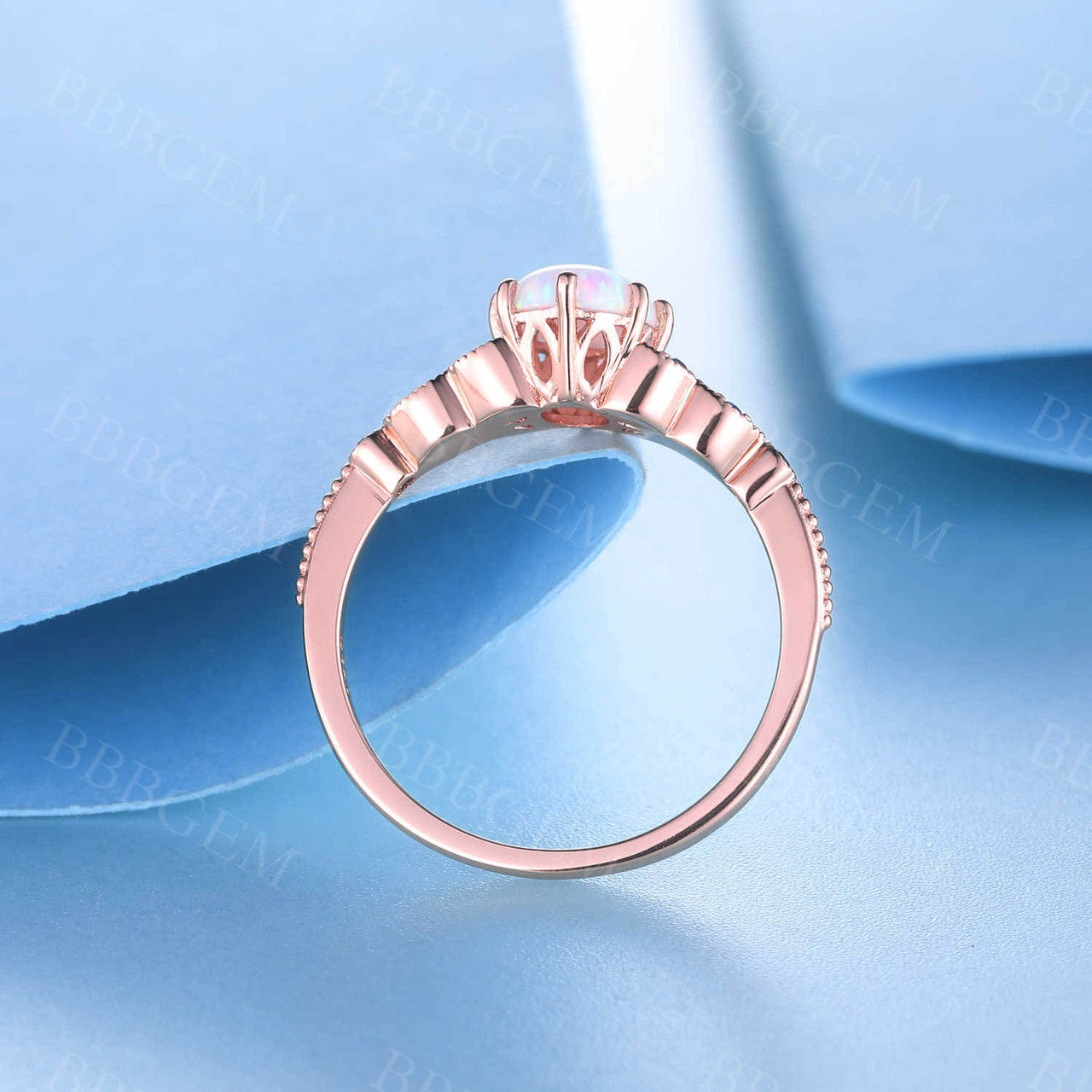 Oval White Opal Engagement Ring 14K Solid Rose Gold Opal Sapphire Ring Promise Ring