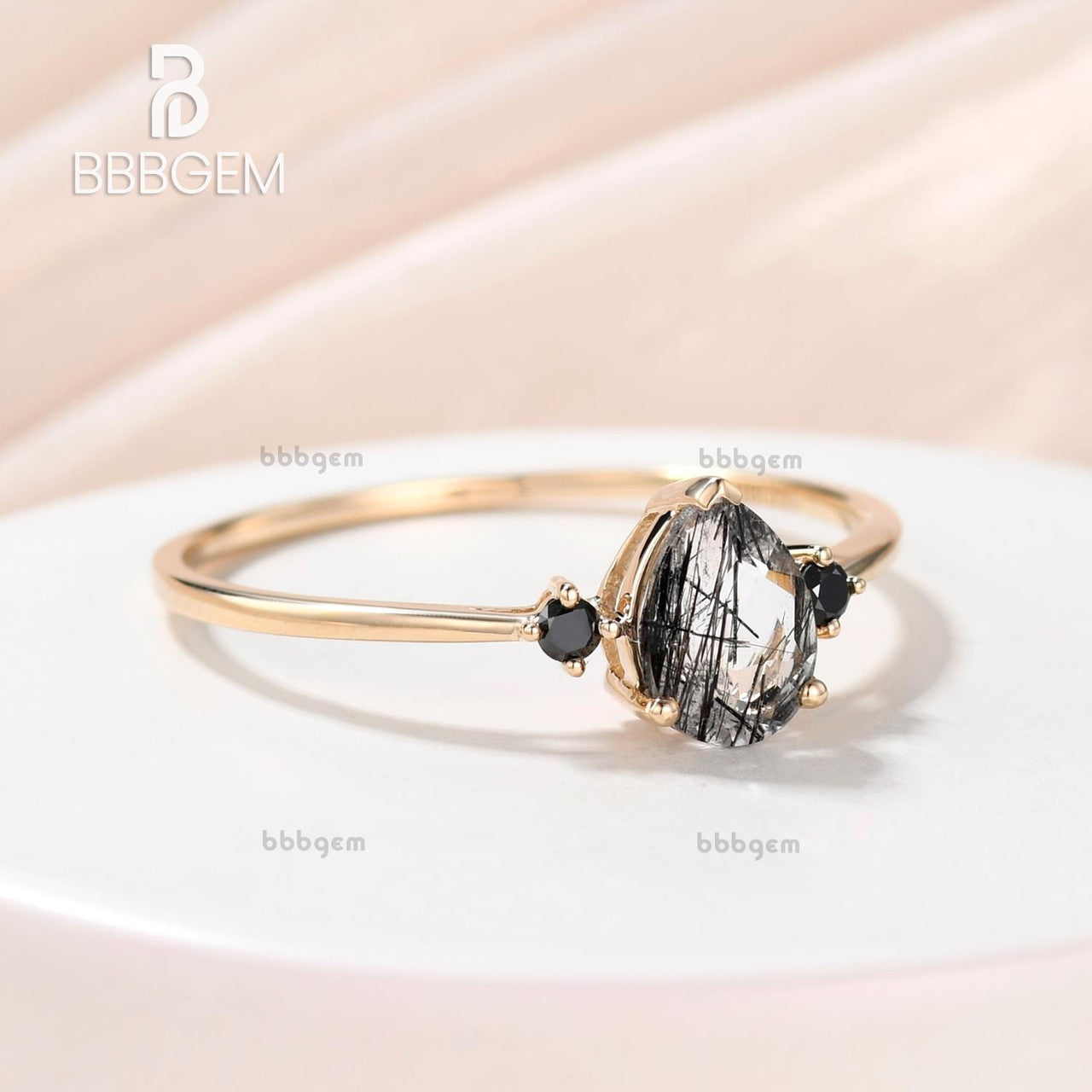 Black Rutilated Quartz Engagement Rings In Yellow Gold-3 Stone Black Rutilated Quartz Solitaire Wedding Rings