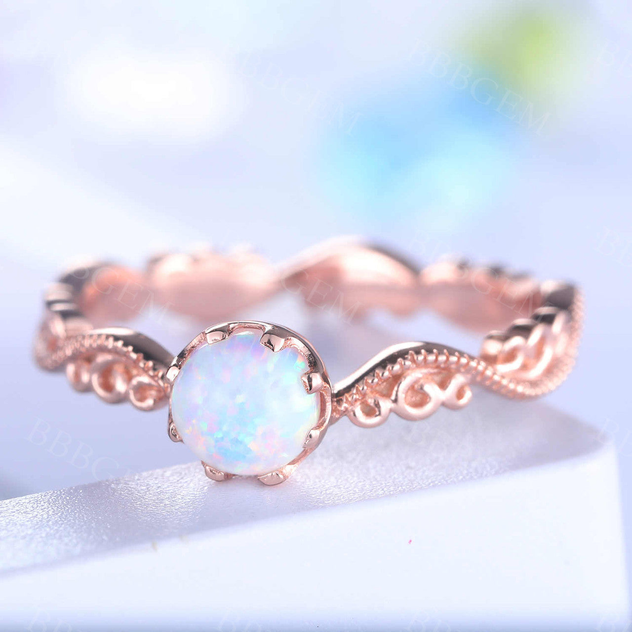 Floral Opal Ring Rose Gold Wedding Ring