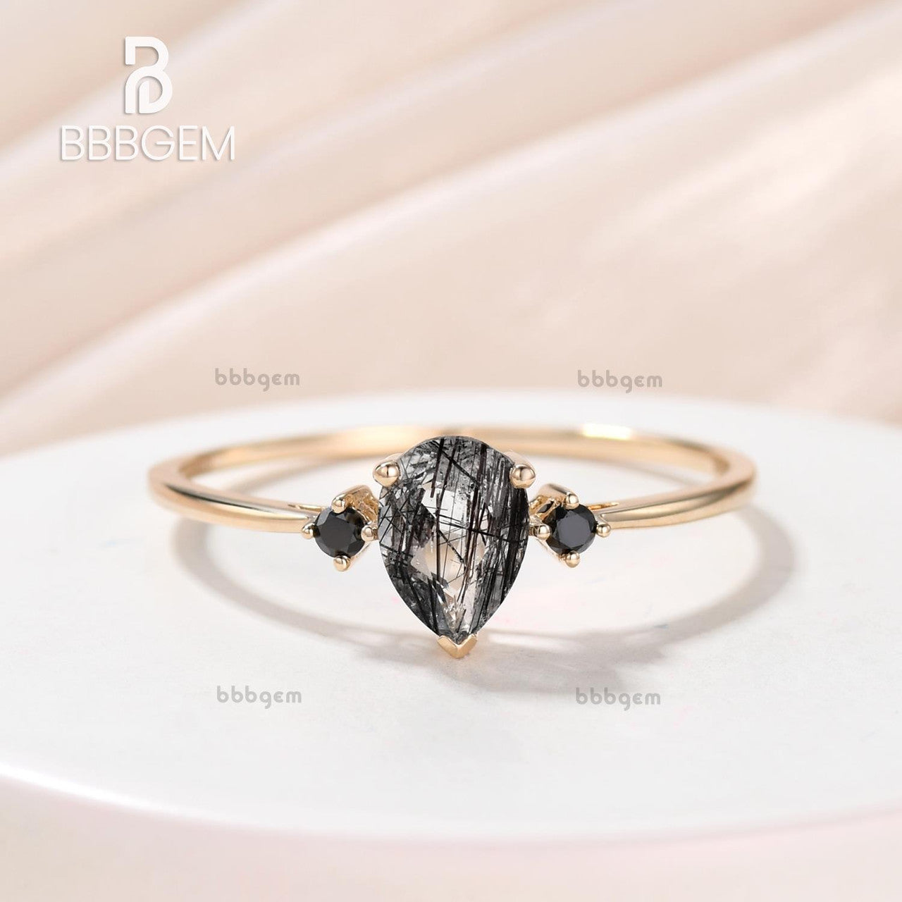 Black Rutilated Quartz Engagement Rings In Yellow Gold-3 Stone Black Rutilated Quartz Solitaire Wedding Rings