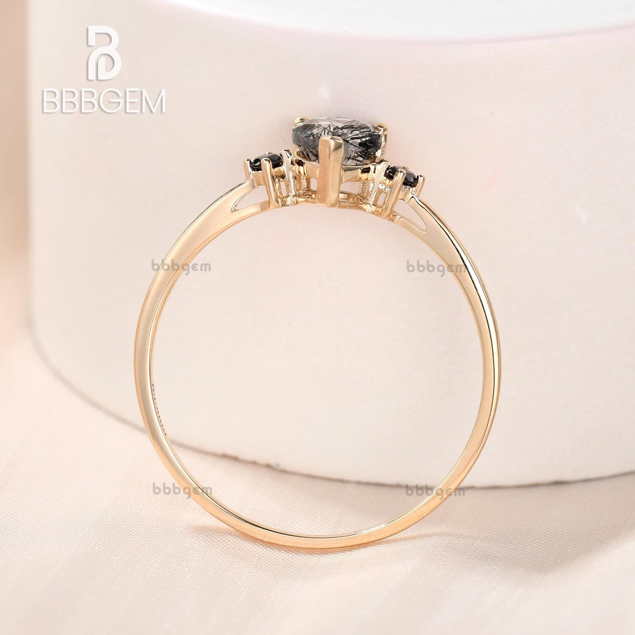 Black Rutilated Quartz Engagement Rings In Yellow Gold-3 Stone Black Rutilated Quartz Solitaire Wedding Rings