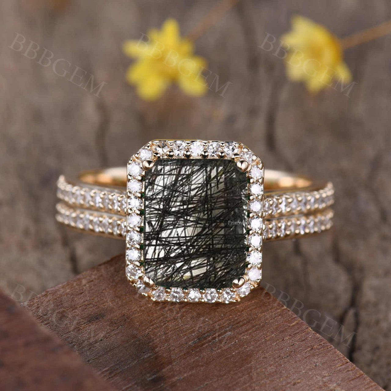 Black Rutilated Quartz Engagement Ring-BBBGEM Black Rutilated Quartz Engagement Ring