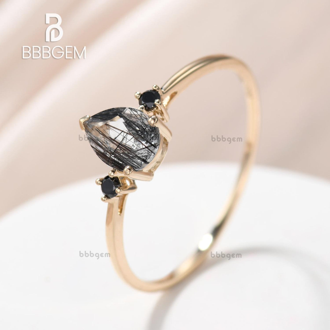 Black Rutilated Quartz Engagement Rings In Yellow Gold-3 Stone Black Rutilated Quartz Solitaire Wedding Rings