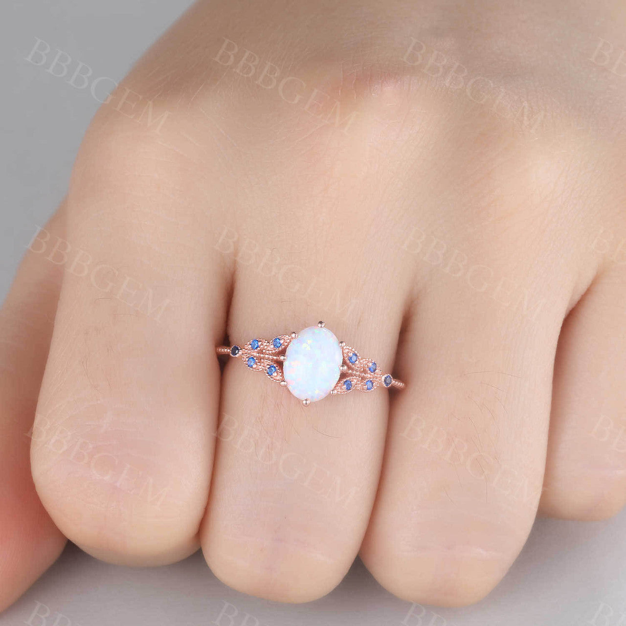 Oval White Opal Engagement Ring 14K Solid Rose Gold Opal Sapphire Ring Promise Ring