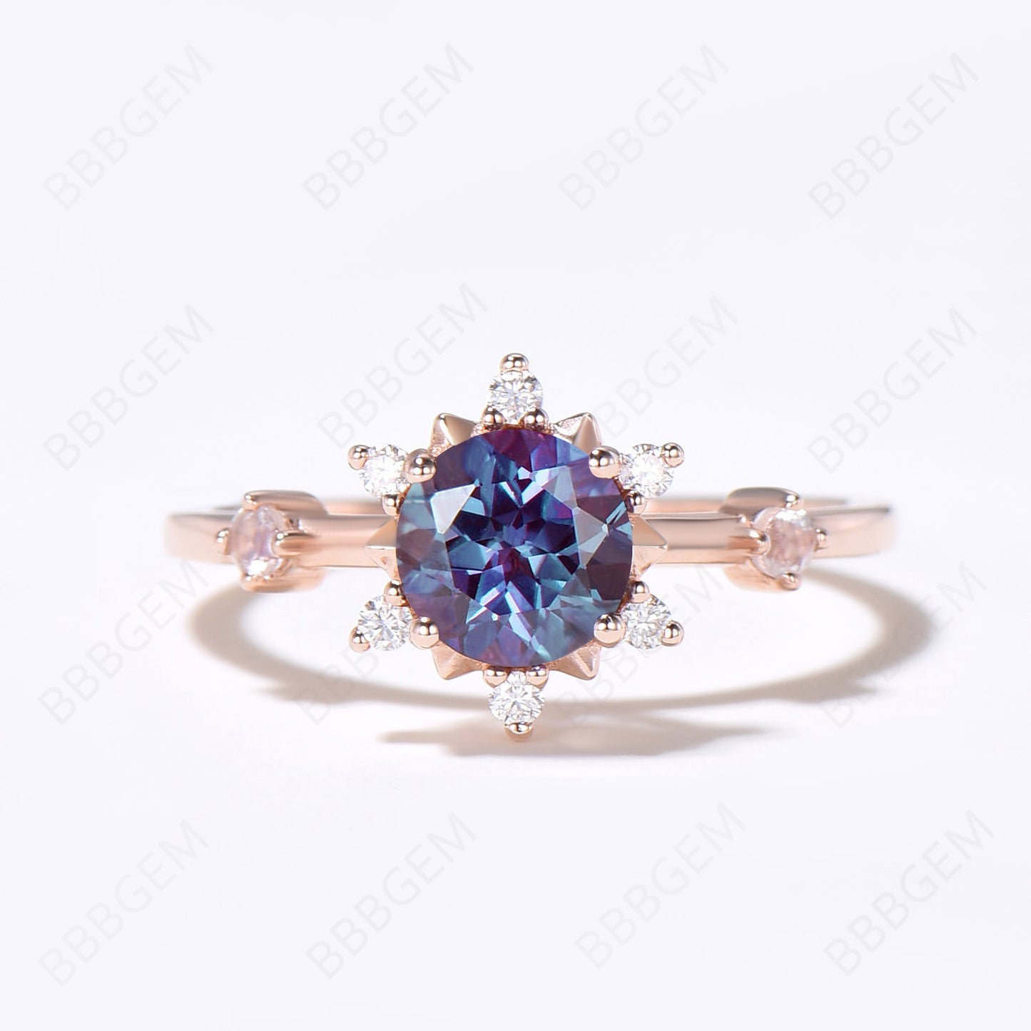 Floral Engagement Ring Rose Gold Round Alexandrite Halo Ring