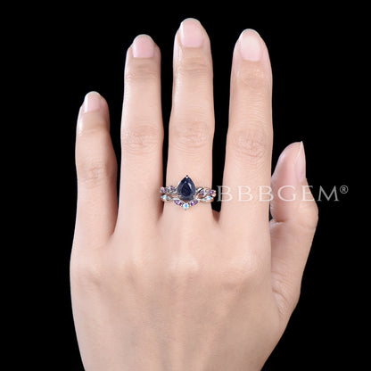 Pear Shaped Blue Sandstone Engagement Ring Branch Leaf Ring