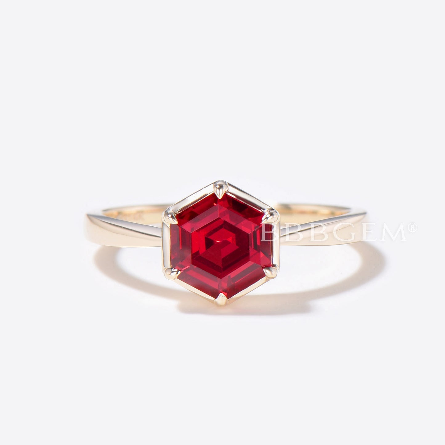 Hexagon Cut Red Ruby Solitaire Ring Gold 6 Prong Wedding Ring