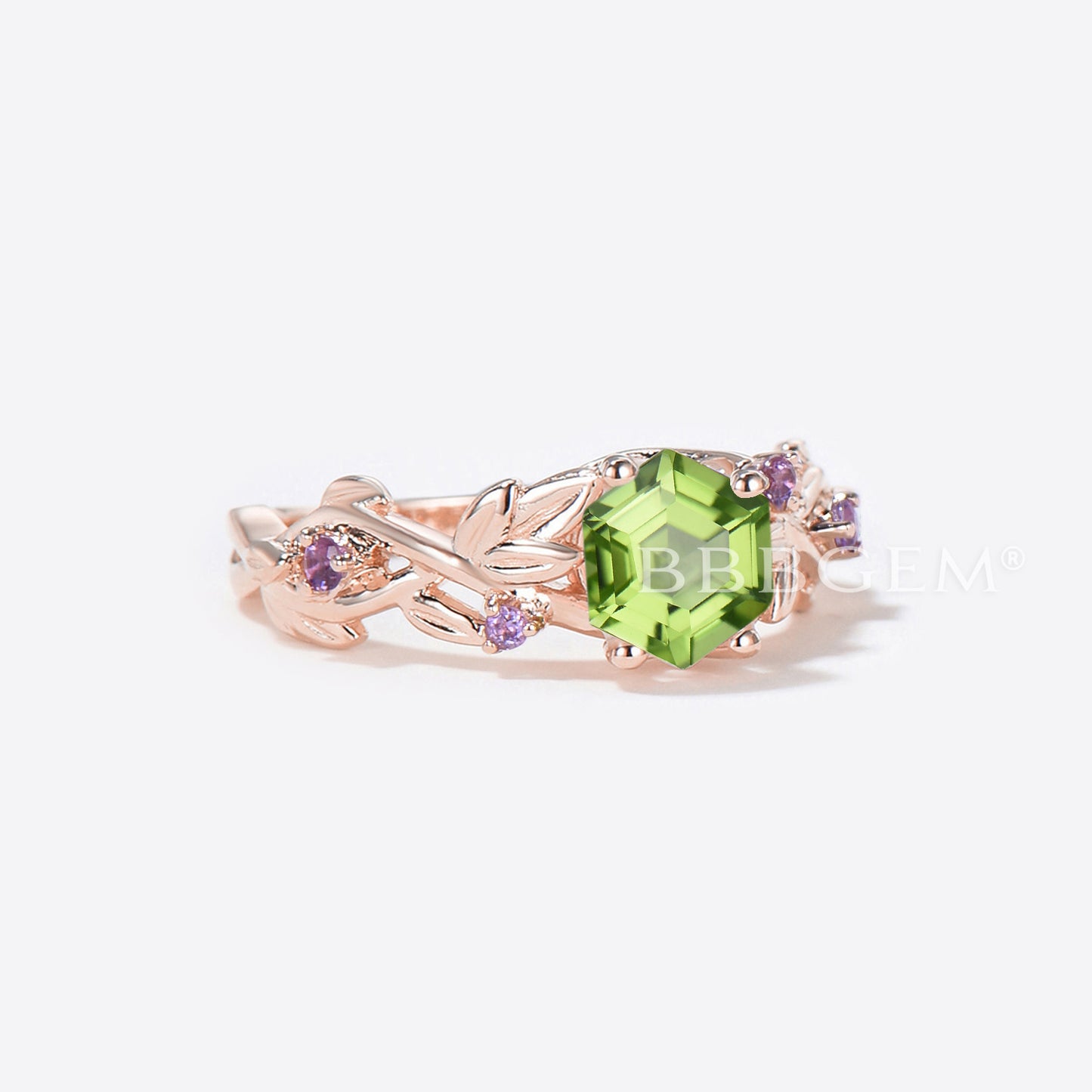 Hexagon Cut Peridot Engagement Ring Twig Leaf Amethyst Ring