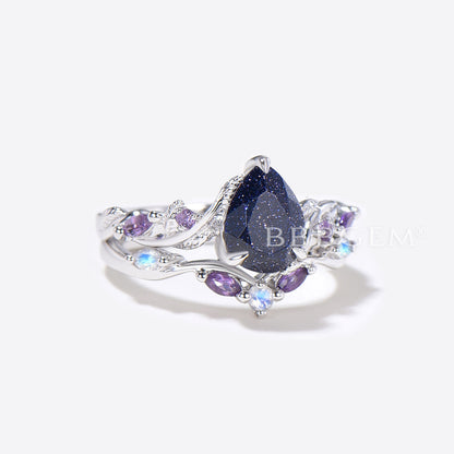 Pear Shaped Blue Sandstone Engagement Ring Branch Leaf Ring