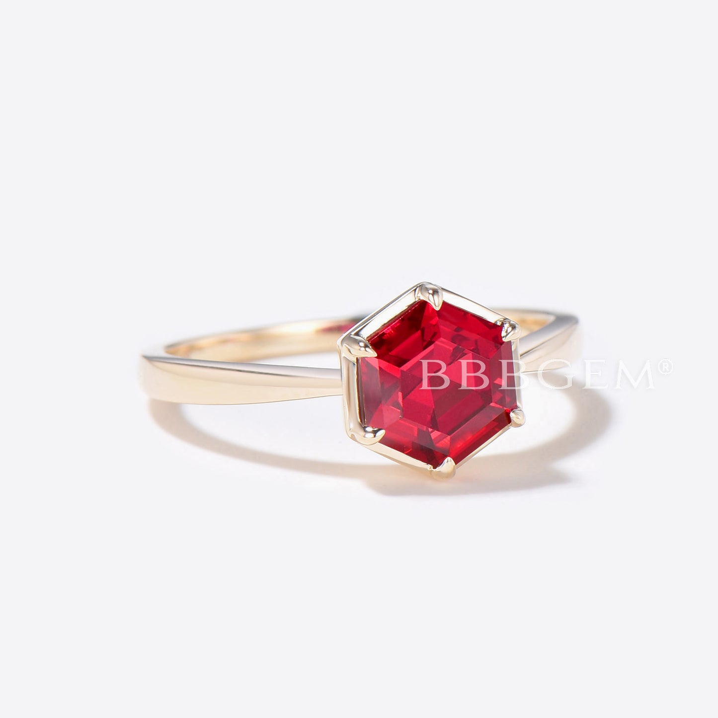 Hexagon Cut Red Ruby Solitaire Ring Gold 6 Prong Wedding Ring