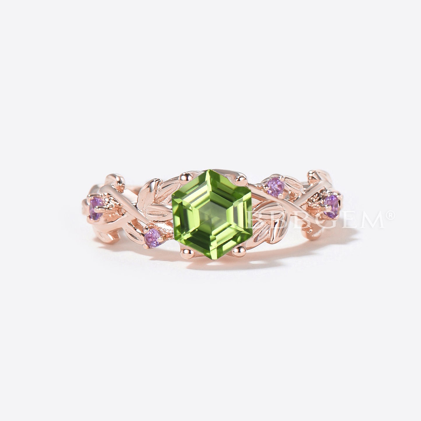 Hexagon Cut Peridot Engagement Ring Twig Leaf Amethyst Ring