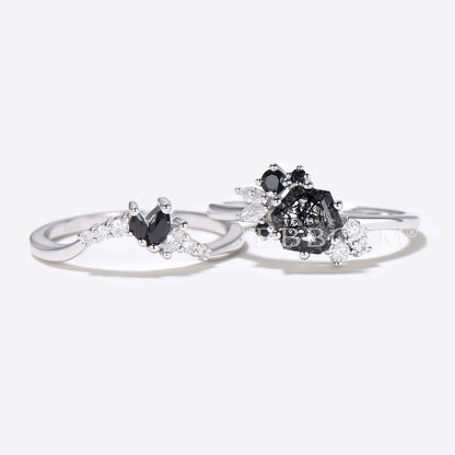 Hexagon Cut Black Rutilated Quartz Ring Cluster Moissanite Ring