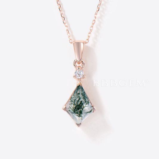 Kite Cut Natural Moss Agate Necklace 14k Gold Diamond Pendant