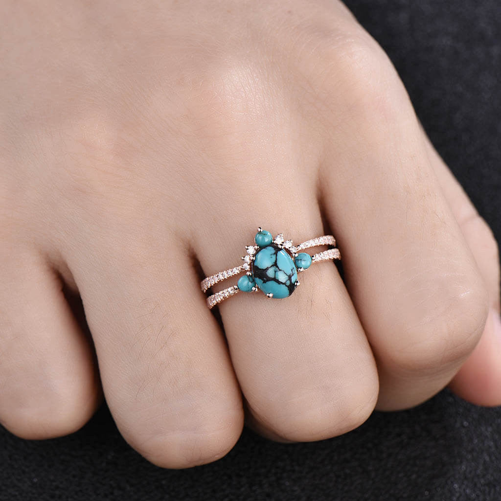 Three Stone Turquoise Engagement Ring Set 01