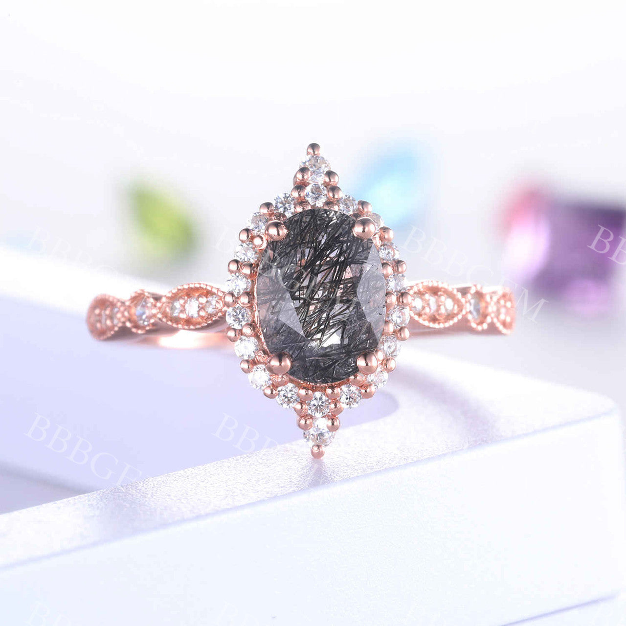 Black Rutilated Quartz Engagement Ring Rose Gold