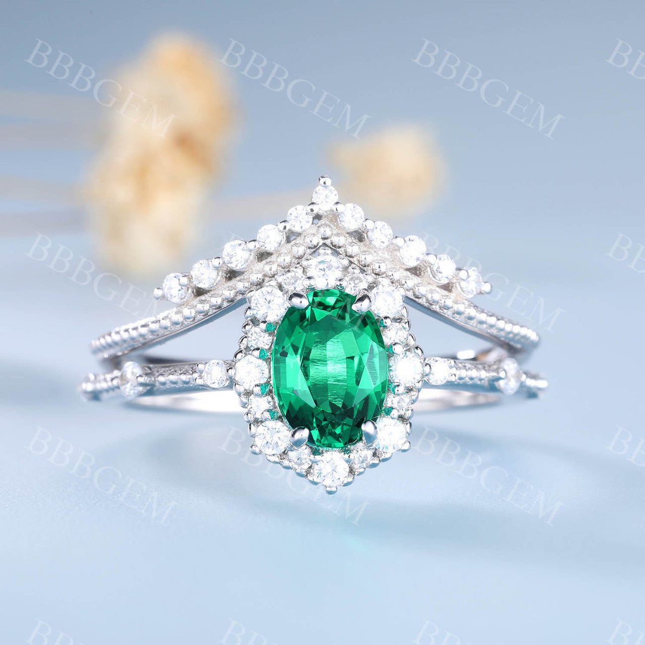 Columbia Emerald Bridal Set Unique Engagement Ring Green Gemstone Ring