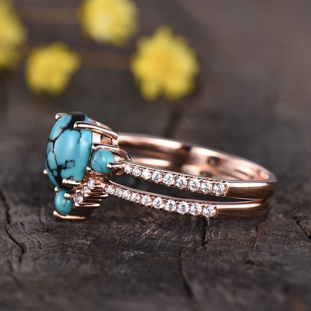 Three Stone Turquoise Engagement Ring Set 02