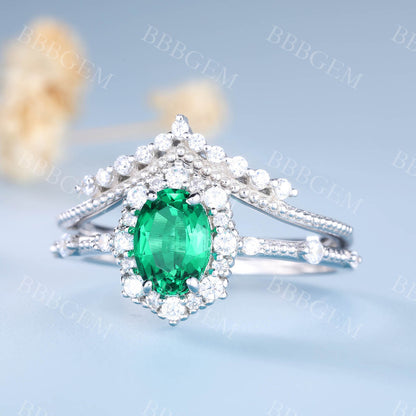 Columbia Emerald Bridal Set Unique Engagement Ring Green Gemstone Ring