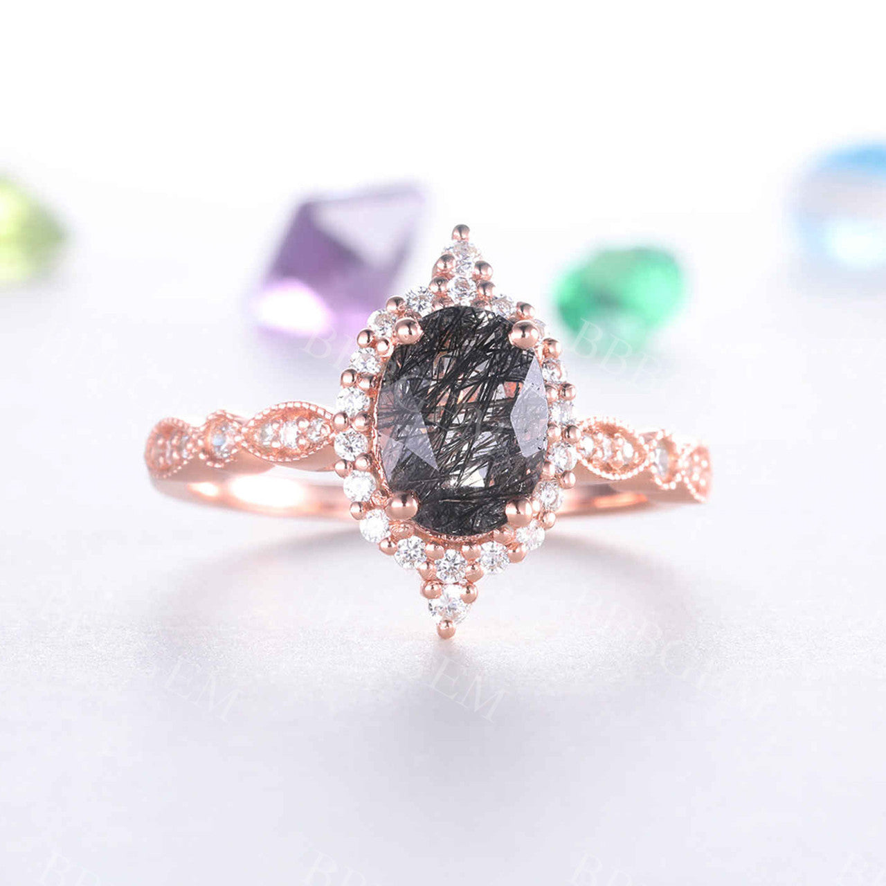 Black Rutilated Quartz Engagement Ring Rose Gold