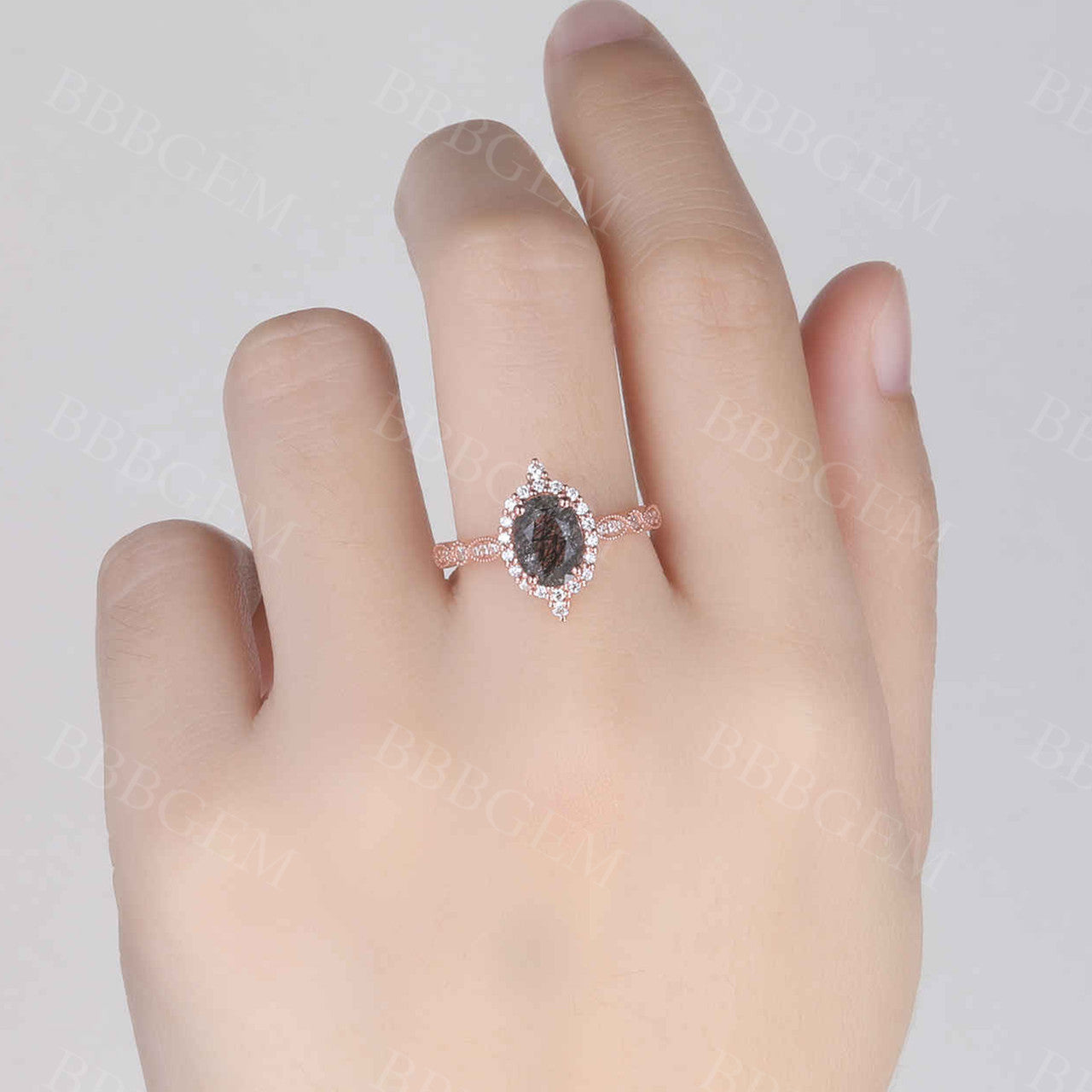 Black Rutilated Quartz Engagement Ring Rose Gold