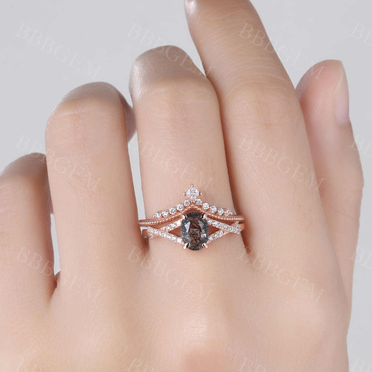 Black Quartz Rutilated Engagement Ring Unique Wedding Ring Set