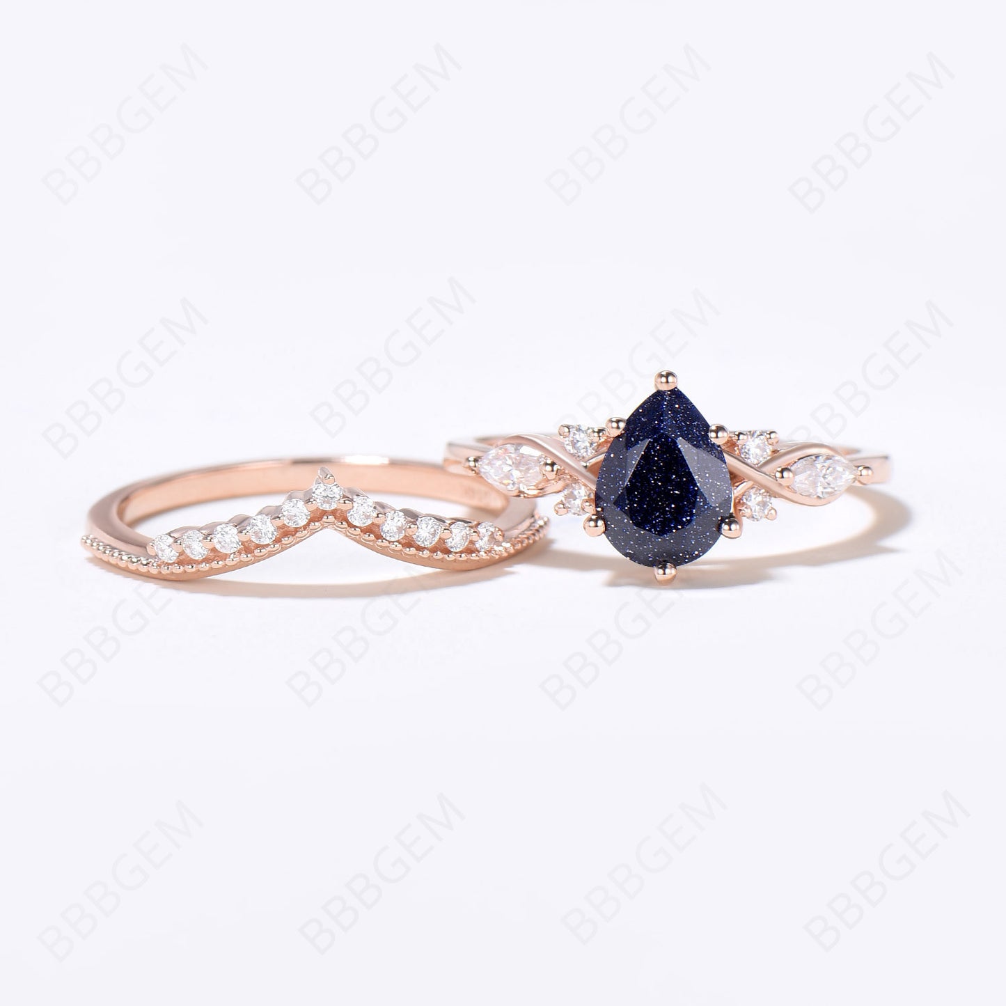 Teardrop Blue Sandstone Ring Set Cluster 7 Stone Milgrain Ring