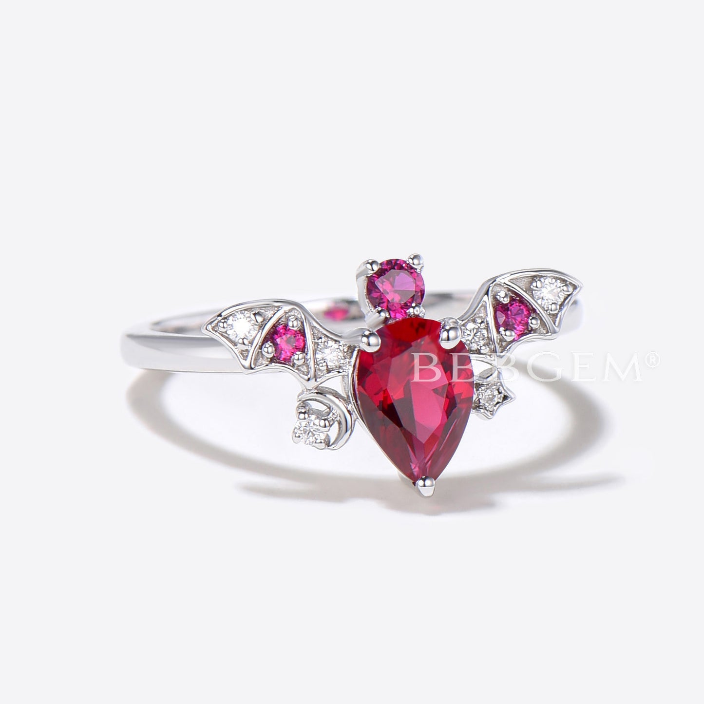 Bat Pear Shaped Red Ruby Engagement Ring Moon Star Diamond Ring