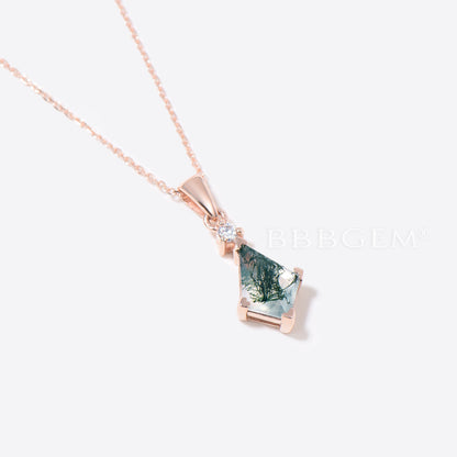 Kite Cut Natural Moss Agate Necklace 14k Gold Diamond Pendant