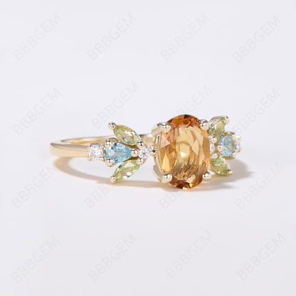 14K Gold Oval Citrine Engagement Ring Cluster Multi-Stone Ring