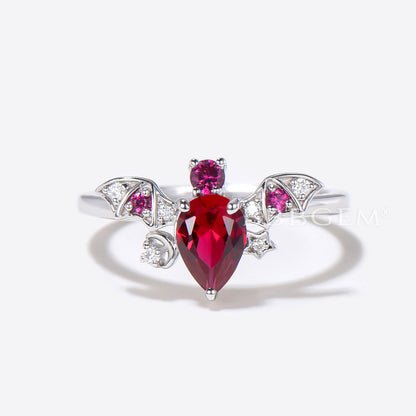 Bat Pear Shaped Red Ruby Engagement Ring Moon Star Diamond Ring