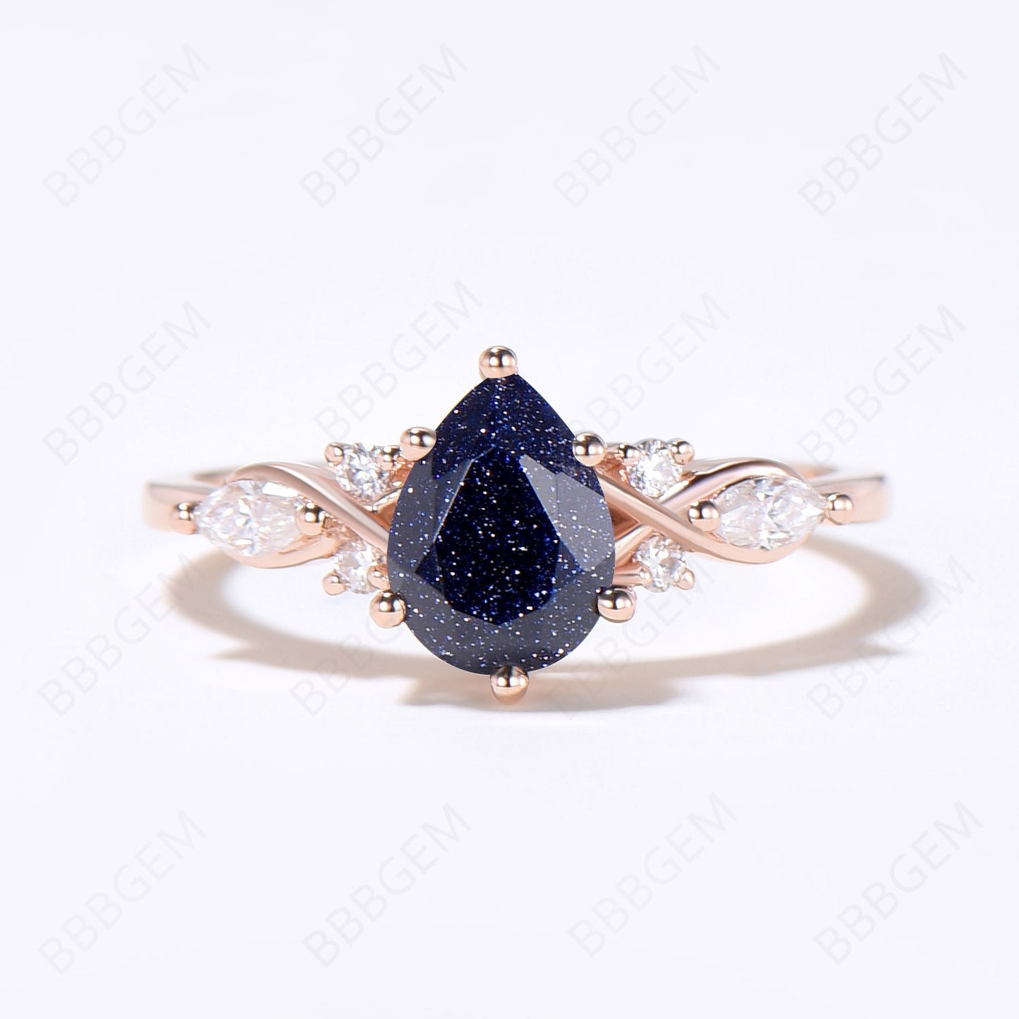 Teardrop Blue Sandstone Ring Set Cluster 7 Stone Milgrain Ring