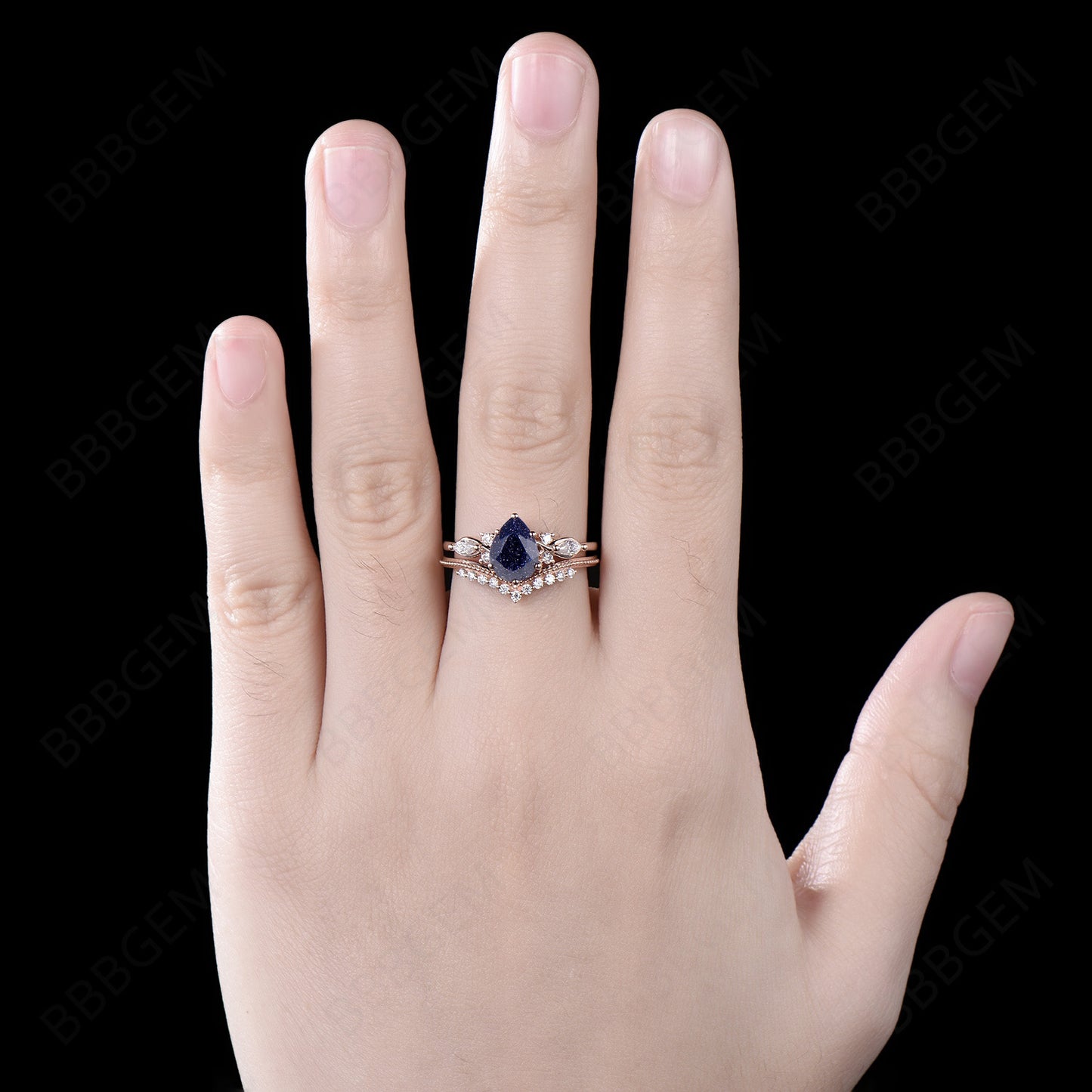 Teardrop Blue Sandstone Ring Set Cluster 7 Stone Milgrain Ring