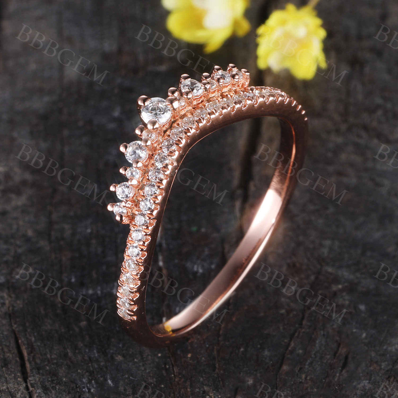 Rose Gold Diamond Curved Wedding Band Art Deco V Shaped Stacking Ring Chevron Crown Wedding Ring