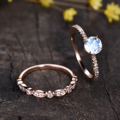 Round Cut Moonstone Engagement Ring Set